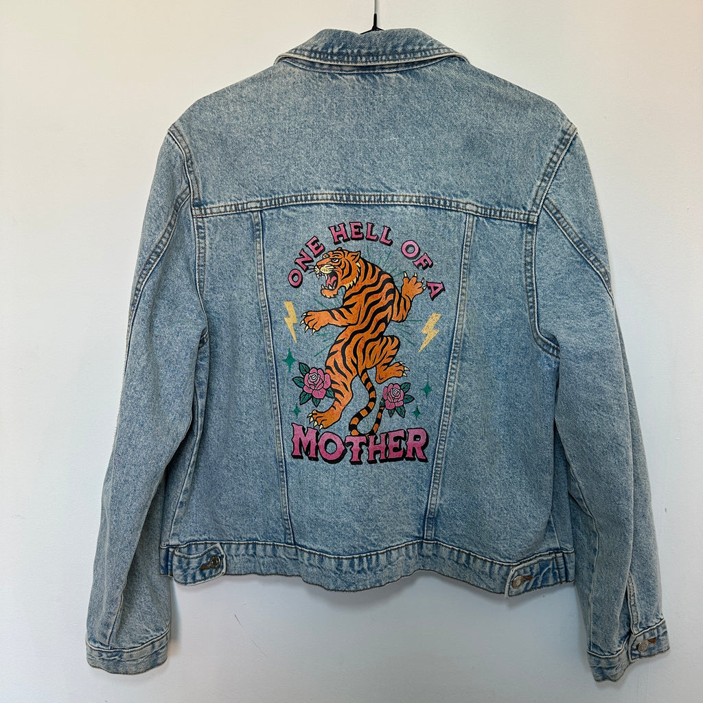 ONE HELL OF A MOTHER DENIM JACKET SIZE 14