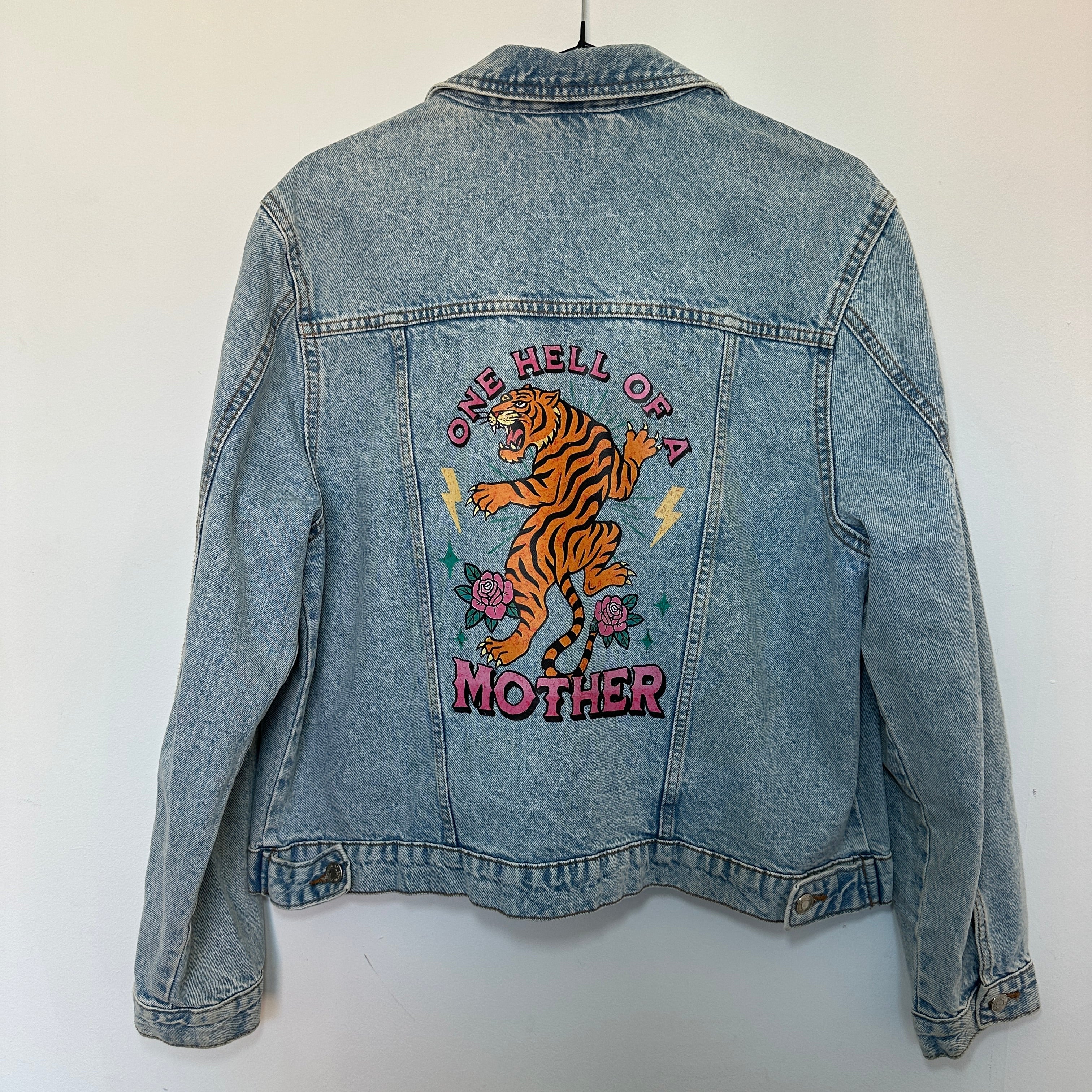 ONE HELL OF A MOTHER DENIM JACKET SIZE 14
