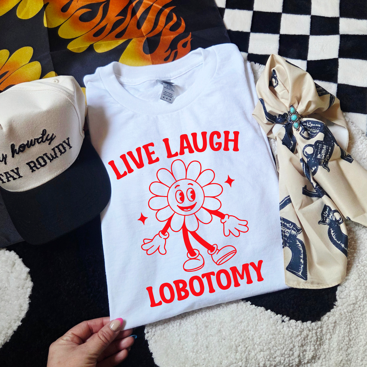 LIVE, LAUGH, LOBOTOMY FLOWER T-SHIRT